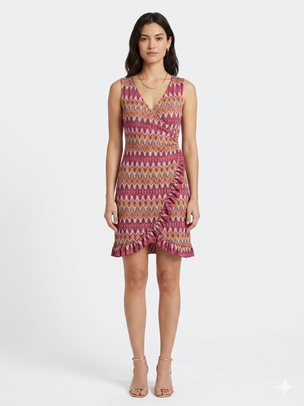 Doncaster Collection Dress Womens Size 6 Pink Chevron Print Wrap Ruffle Hem Mini